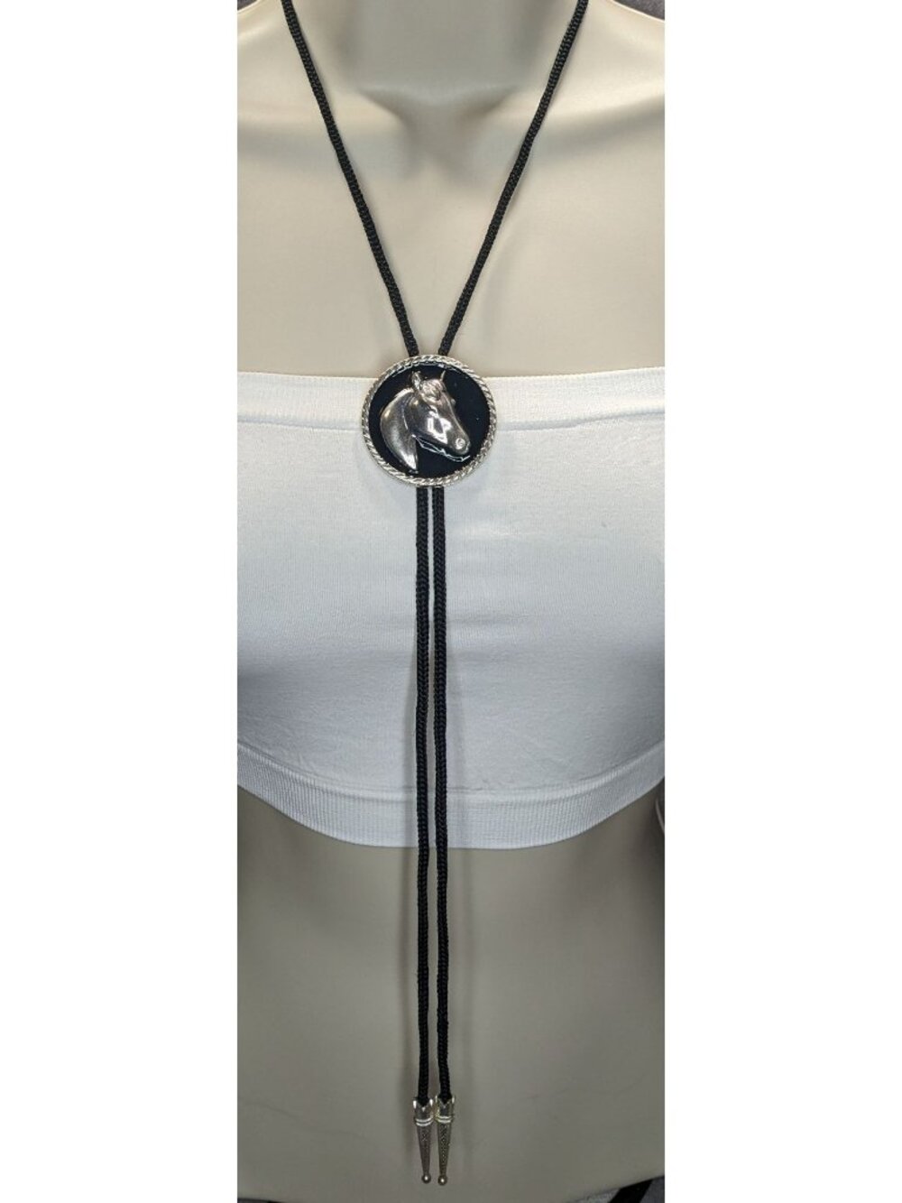 Horse Head Western Bolo Tie Adjustable Black Cord Silver